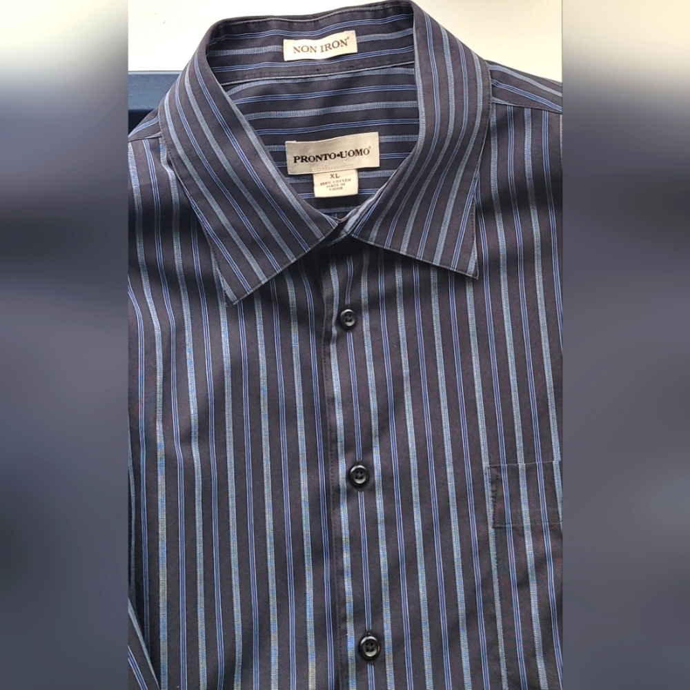Pronto Uomo Dress Shirt Men's Navy Stripe 100% Cotton Long Sleeve Size XL